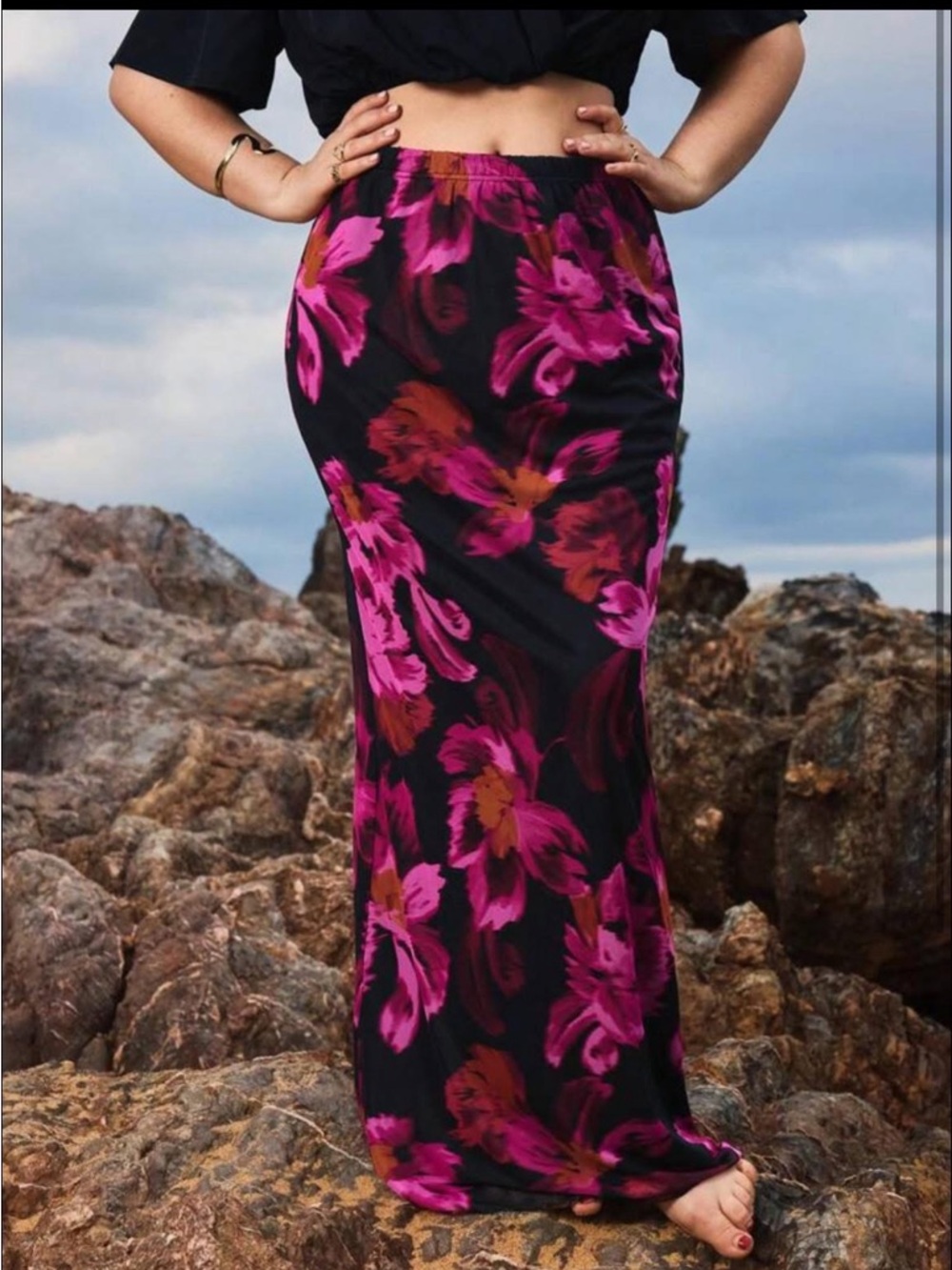 Black Maxi Skirt with Pink & Magenta Floral Print